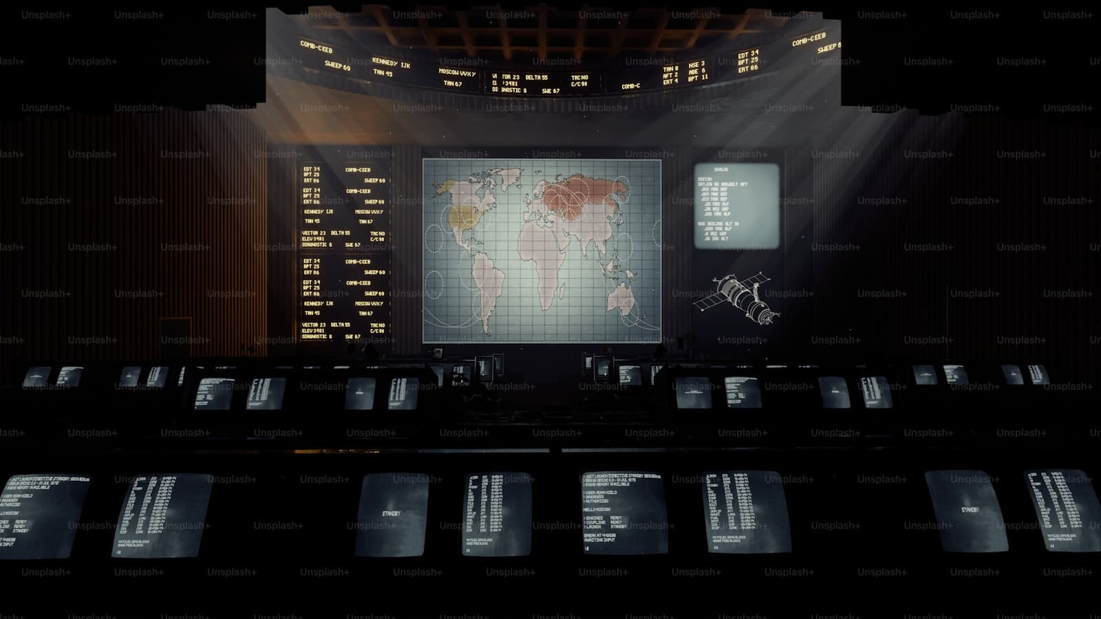 A large screen with a world map on it