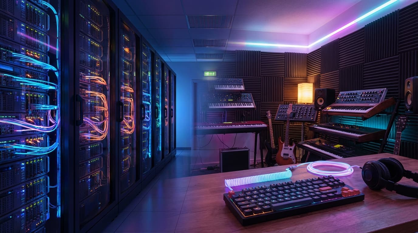 Server racks glowing beside a music studio desk with a keyboard and synths