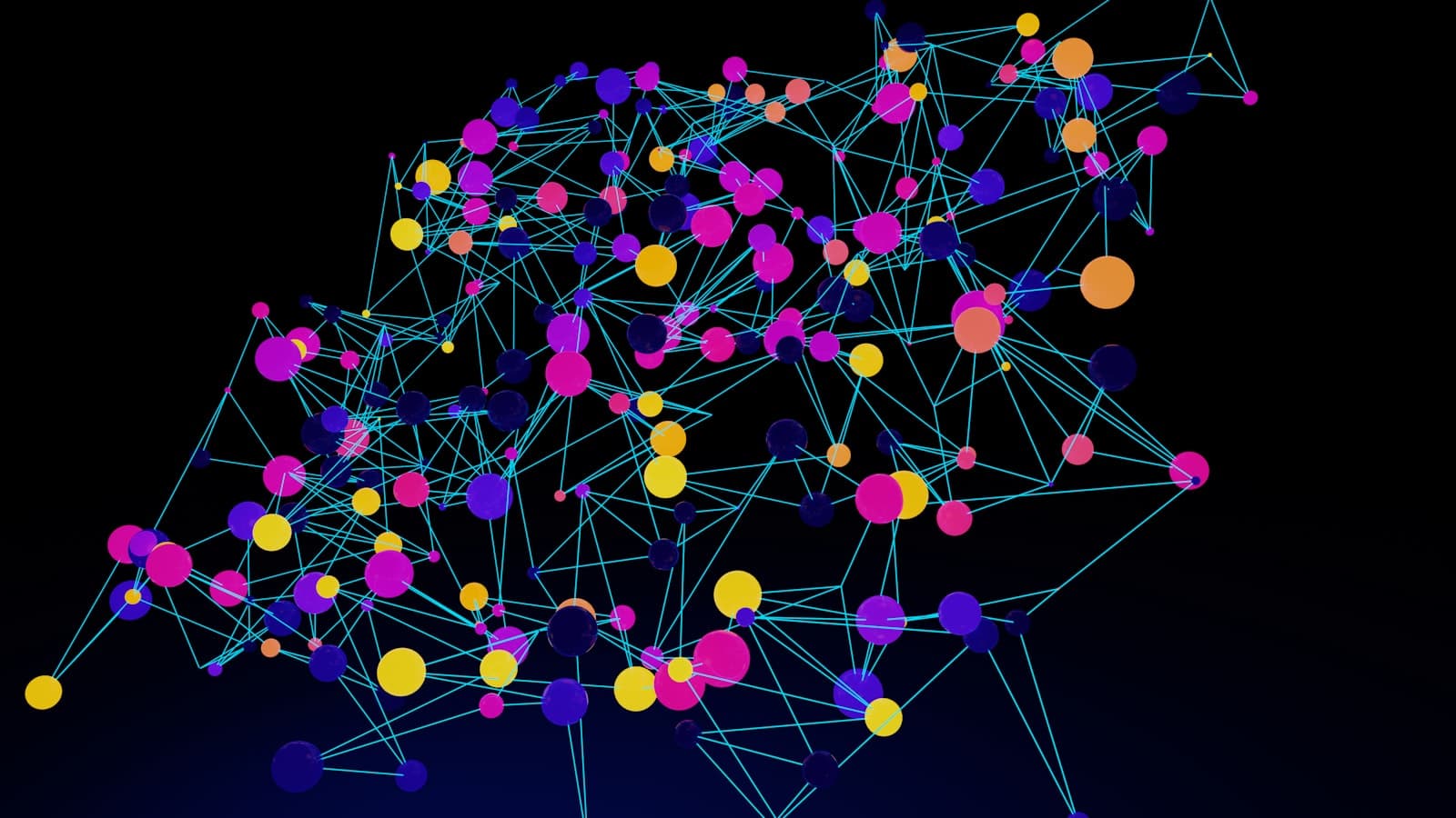 Colorful dots linked by blue lines on a black background